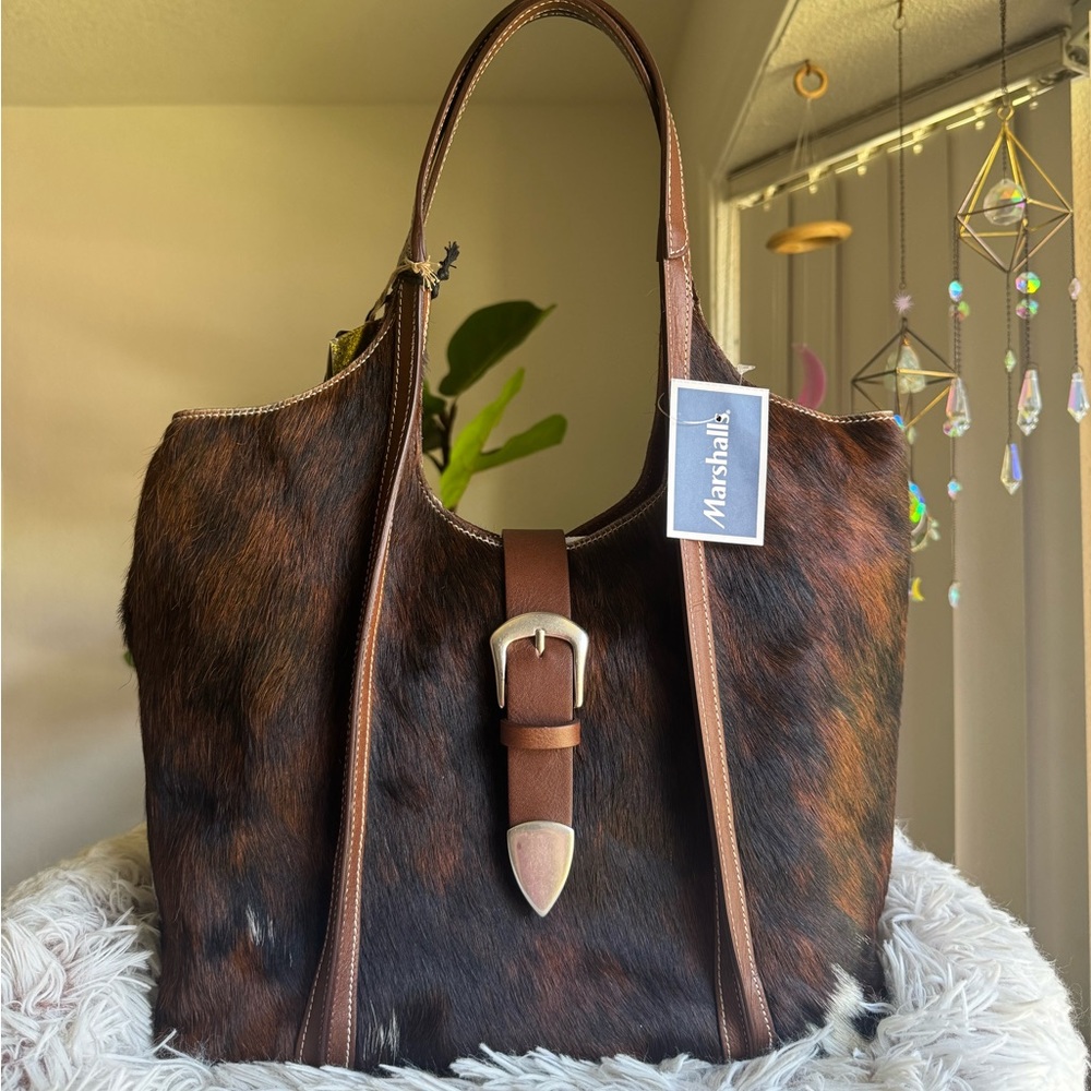 Cavalcanti Leather Cowhide Print Fur Tote Bag Purse with buckle